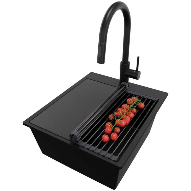 Zlewozmywak Granitowy Oslo PRIMAGRAN Nablatowy 43x50cm do szafki od 45cm z Syfonem i Baterią i Dodatkiem Cały Czarny 1 szt.