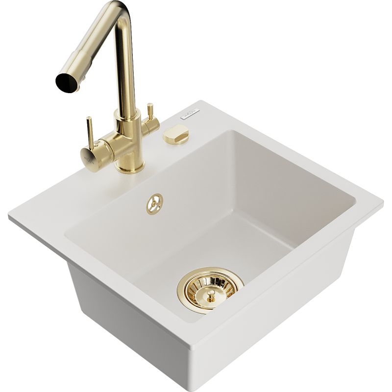 Zlewozmywak granitowy 1-komorowy Mexen Milo z baterią kuchenną Duero biały 6505-20-671600-50