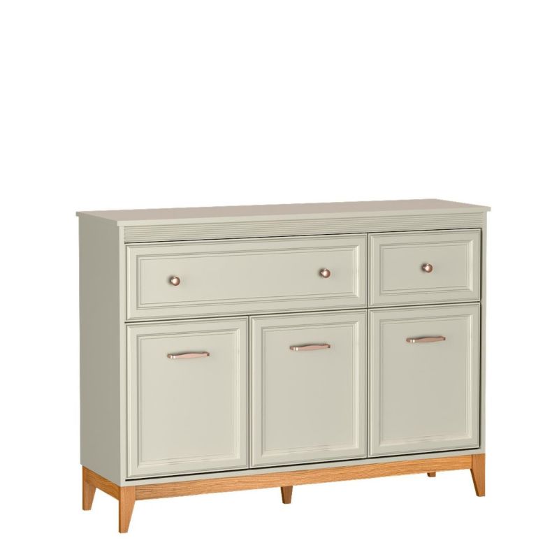 Komoda trzydrzwiowa Bettso Windsor z szufladami w klasycznym stylu na dębowych nogach kaszmir 1szt.