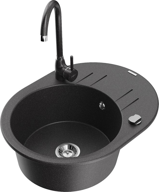 Zlewozmywak granitowy Mexen Kevin 1-komorowy z baterią kuchenną Duo czarny - 6517-77-671701-57-G 1 szt.