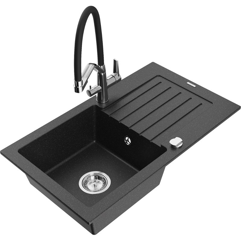 Zlewozmywak granitowy 1-komorowy Mexen Pablo z ociekaczem i baterią kuchenną Duo czarny/srebrny metalik 6510-73-671701-07