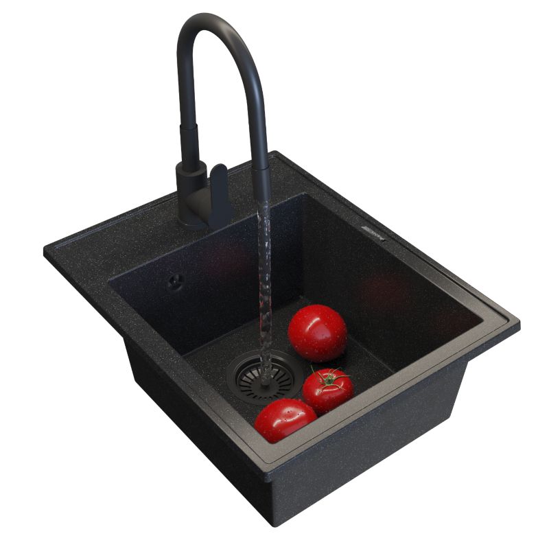 Zlewozmywak Granitowy Jednokomorowy Granitan Nero Czarny Nakrapiany Zestaw Zlewozmywak Bateria Syfon 1 szt.