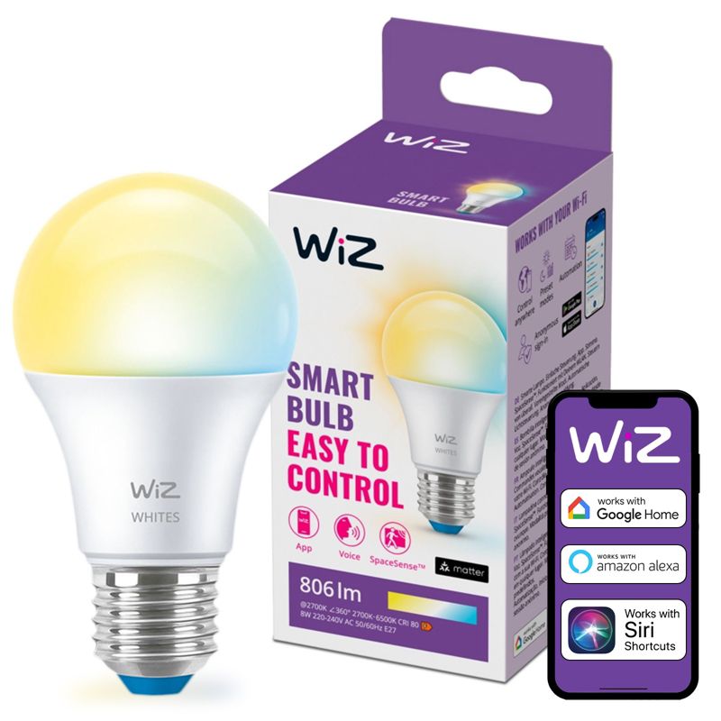 Żarówka LED WiZ E27 A60 8W 806lm 2700-6500K TW Inteligentna Smart WiFi Bluetooth Aplikacja 1 szt.