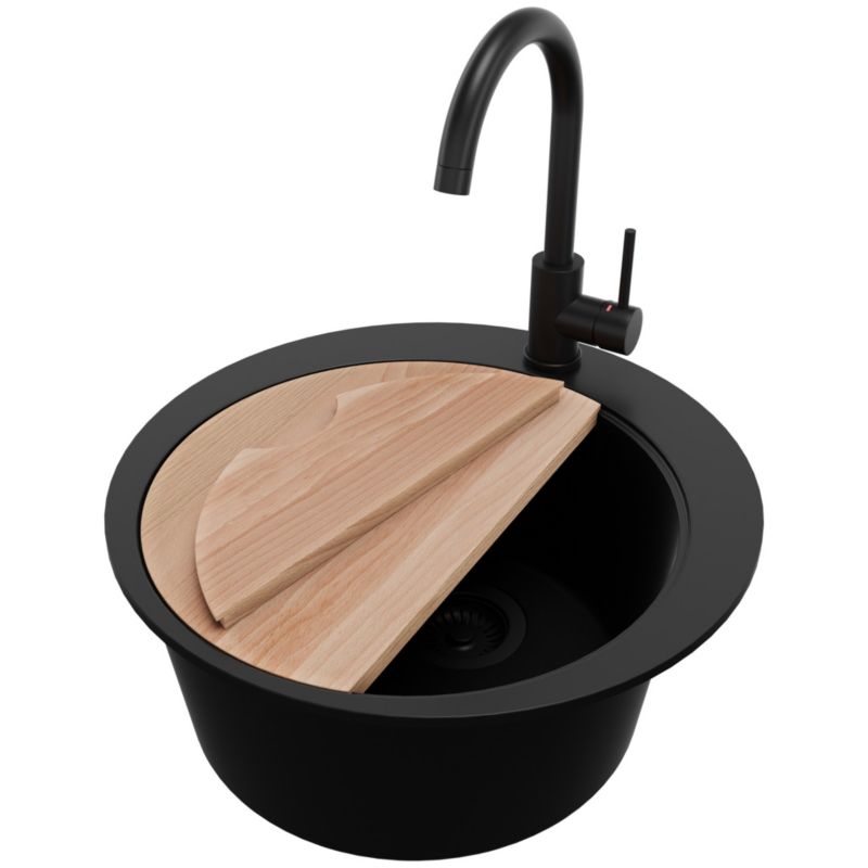 Zlewozmywak Granitowy Okrągły Piza PRIMAGRAN Nablatowy 50x50cm, Cały Czarny + Bateria + Syfon + Akcesorium, S036, 1 szt.