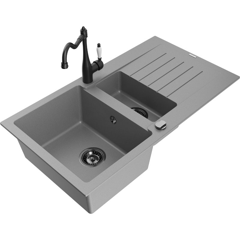 Zlewozmywak granitowy 1.5-komorowy Mexen Matias z ociekaczem i baterią kuchenną Carla szary 6502-71-670700-70-B