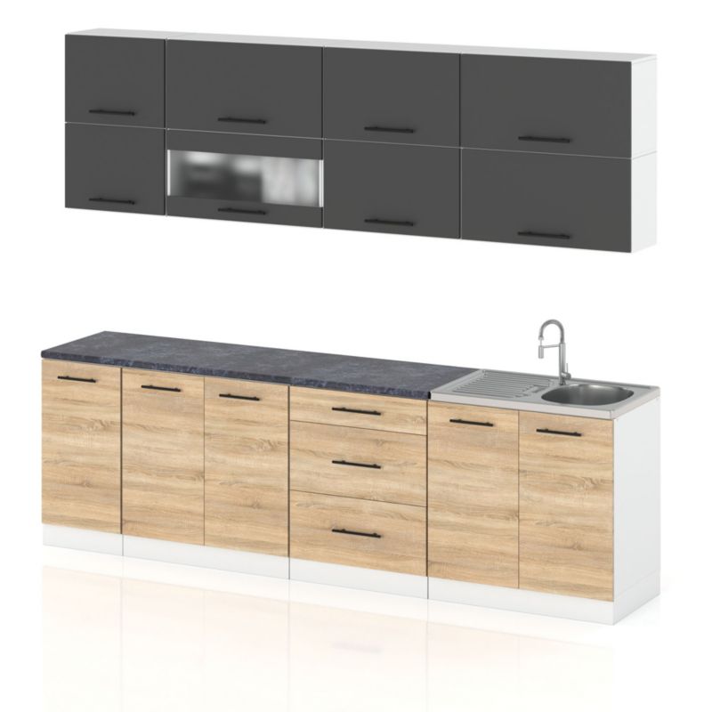 Zestaw Kuchenny Hurtownia-Mebli Z Blatem Kuchnia Robo Lux 260cm Biały Mat Szary Mat/Dąb Sonoma 260x52x157 cm 1szt.