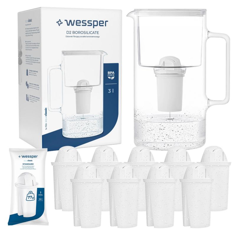 Dzbanek filtrujący wodę 3l, Wessper, szklany, biały + 10x Filtr Wessper AquaClassic, 11szt