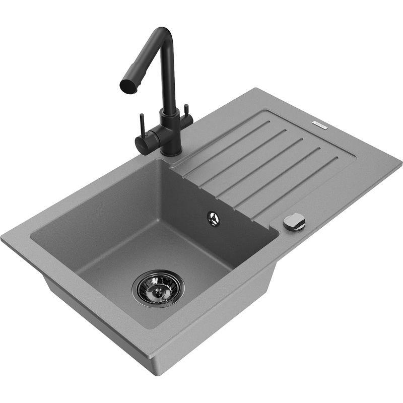 Zlewozmywak granitowy 1-komorowy Mexen Pablo z ociekaczem i baterią kuchenną Duero szary 6510-71-671600-70-B