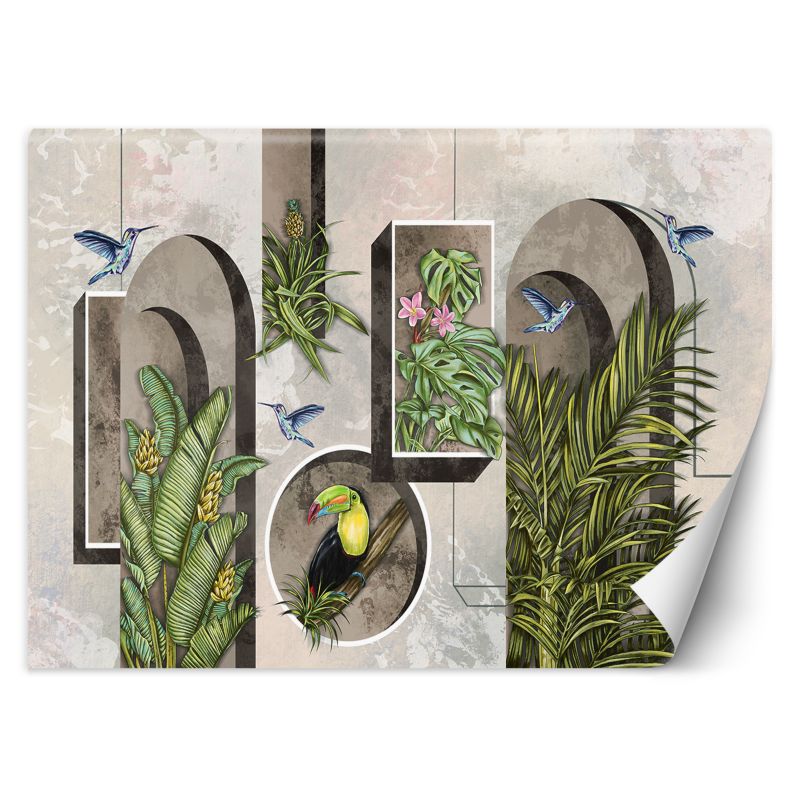 Fototapeta Feeby Kształty w ścianie z roślinami i ptakami tukan koliber 400x280 1 szt