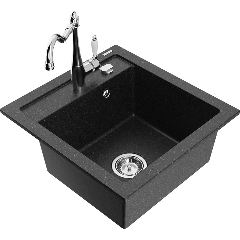 Zlewozmywak granitowy 1-komorowy Mexen Vito z baterią kuchenną Carla czarny/srebrny metalik 6503-73-670700-00