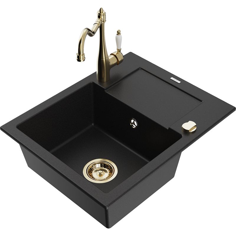 Zlewozmywak granitowy 1-komorowy Mexen Enzo z ociekaczem i baterią kuchenną Carla czarny - 6506-77-670700-70-B 1 szt.