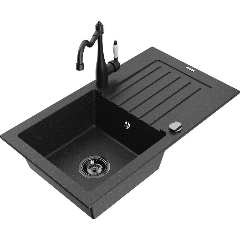 Zlewozmywak granitowy 1-komorowy Mexen Pablo z ociekaczem i baterią Carla czarny/złoty metalik - 6510-75-670700-70 1 szt.