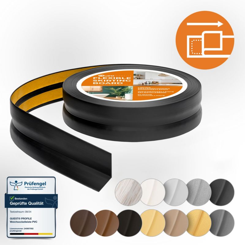 Listwa wykończeniowa PCV 15x15mm, QUEST, samoprzylepna, elastyczna, miękka taśma dekoracyjna, czarny, 25m