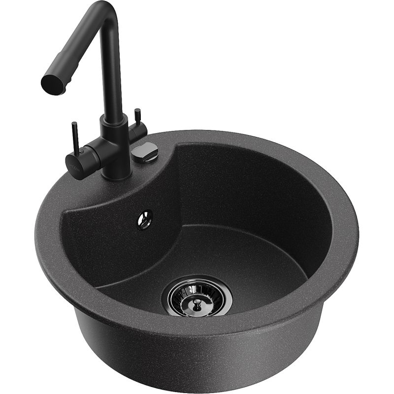 Zlewozmywak granitowy 1-komorowy Mexen Diego z baterią kuchenną Duero czarny nakrapiany - 6512-76-671600-76 1 szt.