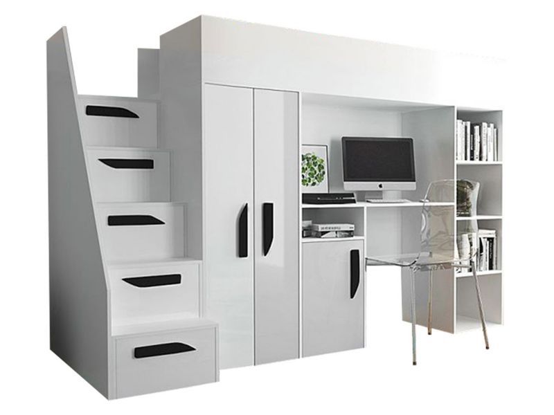 Łóżko piętrowe ze schodami MIRJAN 24 Party 14 biały połysk+uchwyty czarne 1 kpl.