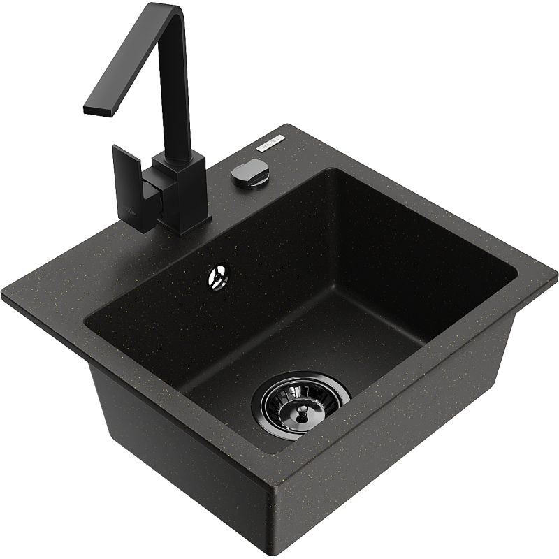 Zlewozmywak granitowy 1-komorowy Mexen Milo z baterią kuchenną Rita czarny/złoty metalik - 6505-75-670300-70 1 szt.