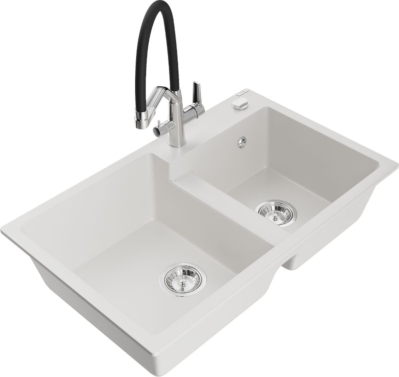 Zlewozmywak granitowy Mexen Tomas 2-komorowy z baterią kuchenną Duo biały - 6516-20-671701-07-B 1 szt.