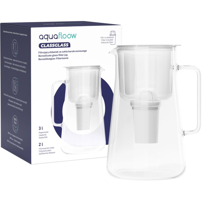 Dzbanek filtrujący, AquaFloow ClassGlass, szklany, szkło borokrzemowe, BPA Free, 3L, biały + 1x filtr do wody, zestaw, 3szt