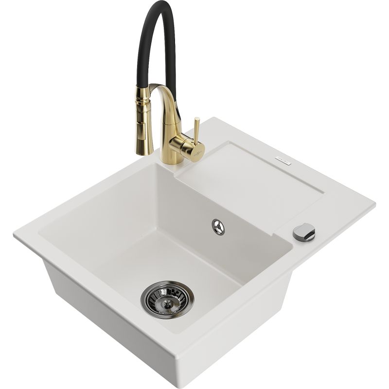 Zlewozmywak granitowy 1-komorowy Mexen Enzo z ociekaczem i baterią kuchenną Aster biały 6506-20-73450-57-B