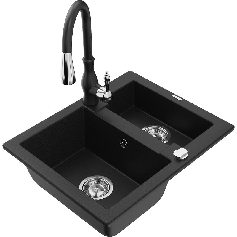 Zlewozmywak granitowy 1.5-komorowy Mexen Carlos z baterią kuchenną Savita czarny 6518-77-672601-70