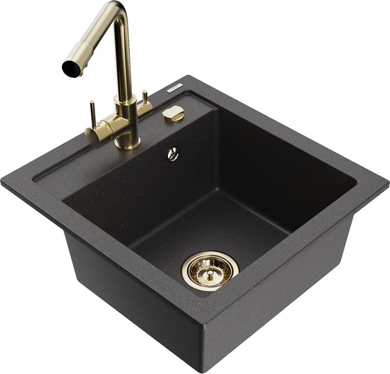 Zlewozmywak granitowy Mexen Vito 1-komorowy z baterią kuchenną Duero czarny 6503-76-671600-50