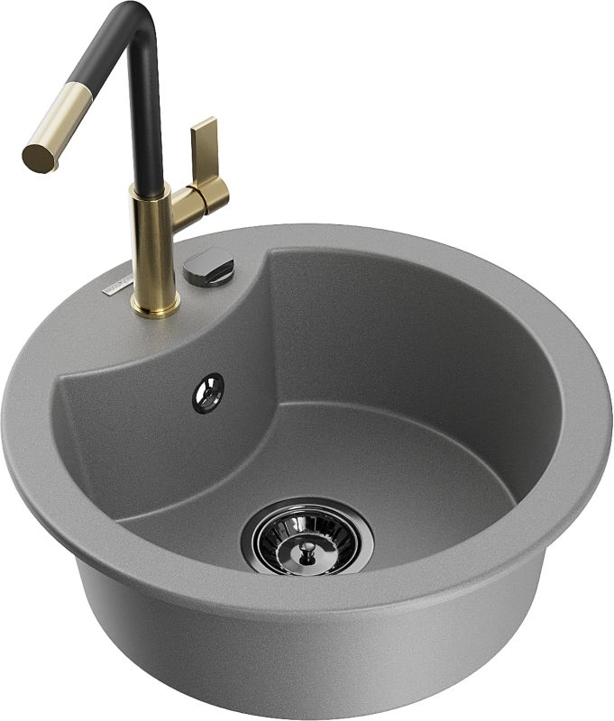 Zlewozmywak granitowy Mexen Diego 1-komorowy z baterią kuchenną Flora szary 6512-71-670401-57-B