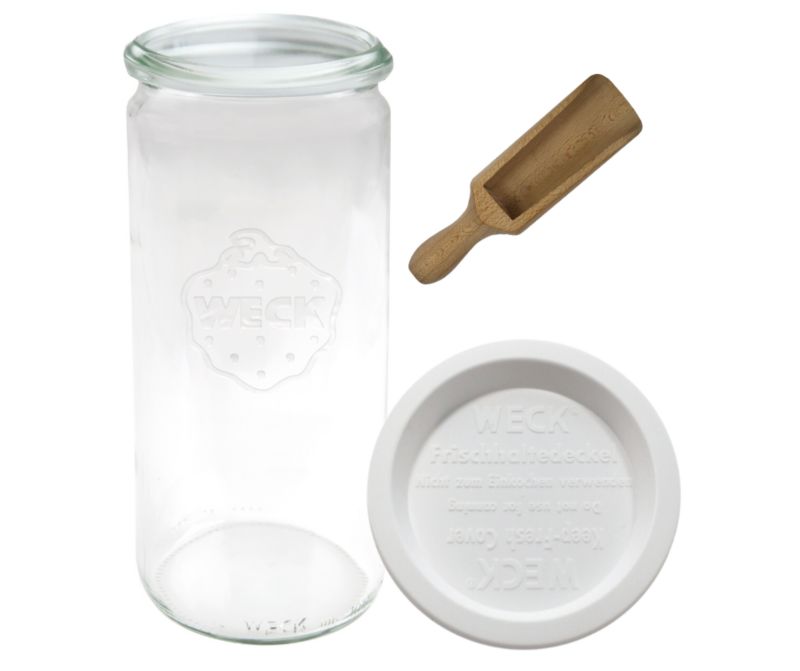 Słoik MODO24 Weck 1040 ml fi 80 cylinder plastikowe wieko miarka 1 kpl.