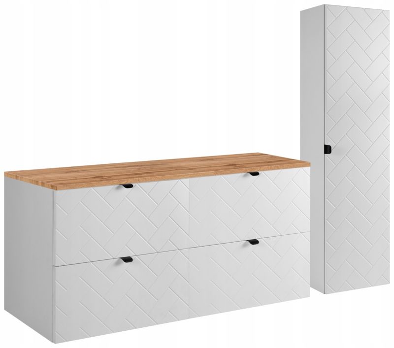 Szafka pod umywalkę i słupek Furnidea 120 cm + 35 cm biały dąb Wotan ryflowany Trend zestaw