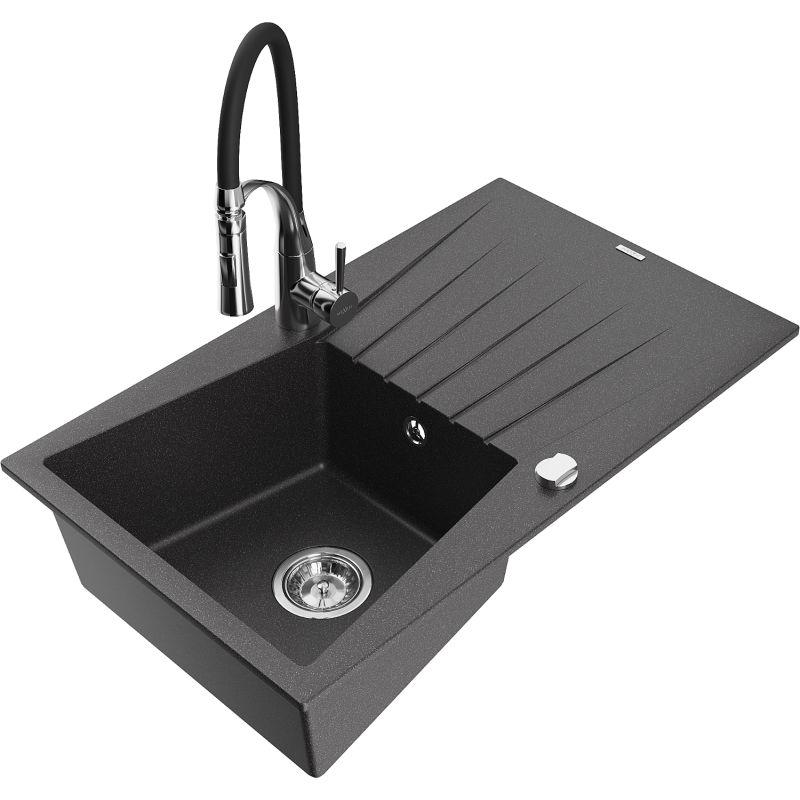 Zlewozmywak granitowy 1-komorowy Mexen Cesar z ociekaczem i baterią kuchenną Aster czarny nakrapiany 6514-76-73450-07