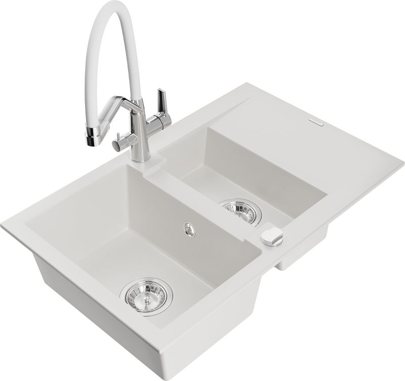 Zlewozmywak granitowy Mexen Gaspar 1,5-komorowy z ociekaczem i baterią kuchenną Duo biały 6507-20-671701-02
