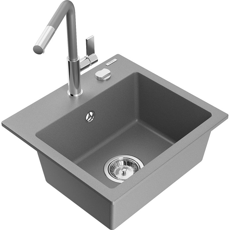 Zlewozmywak granitowy 1-komorowy Mexen Milo z baterią kuchenną Flora szary 6505-71-670401-06