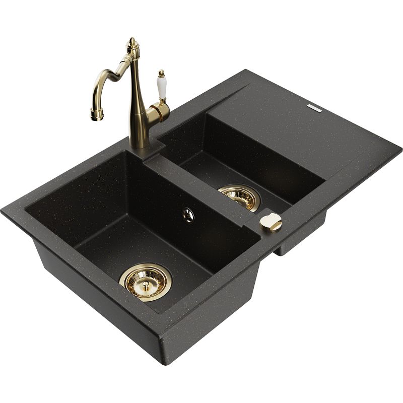 Zlewozmywak granitowy 1.5-komorowy Mexen Gaspar z ociekaczem i baterią kuchenną Carla czarny/złoty metalik 6507-75-670700-50