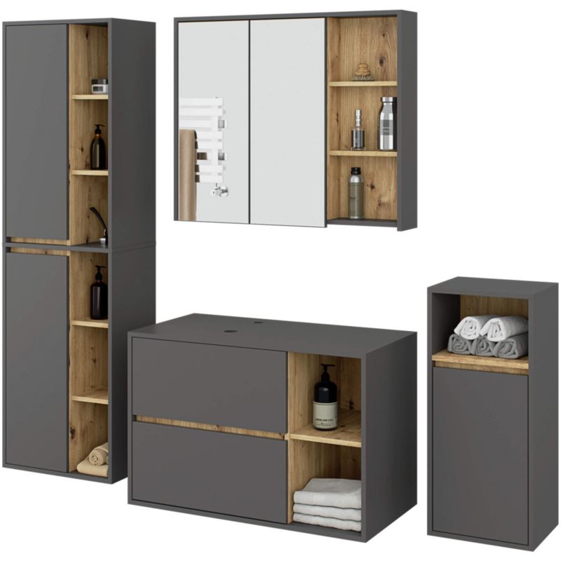 Zestaw mebli łazienkowych wiszących z otworami AKORD VAMI Grafit Szary, Dąb Artisan 5 drzwi 21 półek 2 szuflady 1 szt.