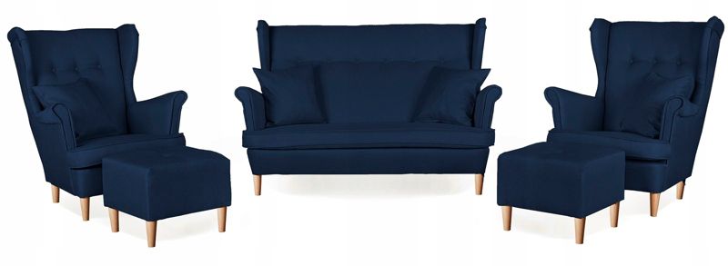 Zestaw wypoczynkowy uszak do salonu sofa fotele z podnóżkiem Family Meble ARI niebieski 1szt