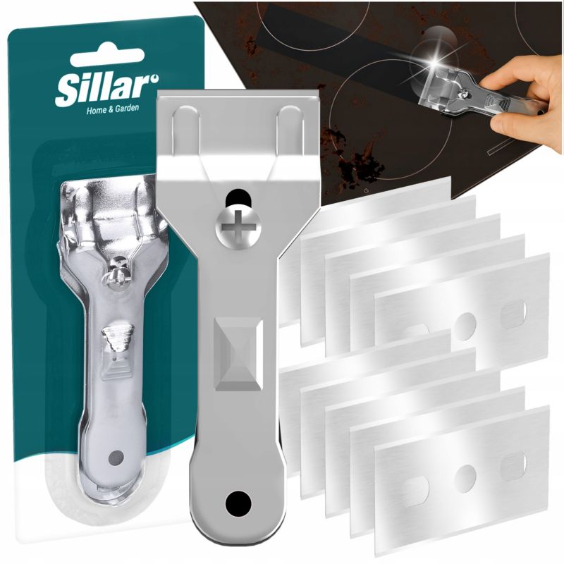 Skrobak do czyszczenia, Sillar, do płyt ceramicznych, indukcyjnych, szyb, stal nierdzewna, 10 ostrzy wymiennych, zestaw, 11szt
