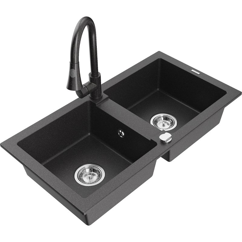 Zlewozmywak granitowy 2-komorowy Mexen Mario z baterią kuchenną Elia czarny/srebrny metalik - 6504-73-670101-70-B 1 szt.
