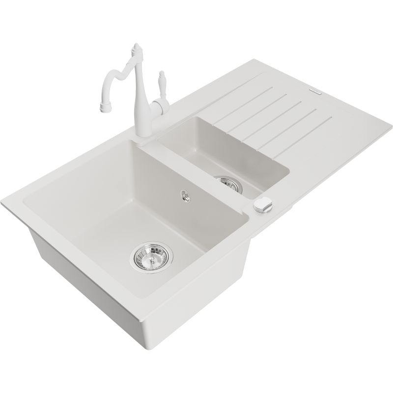 Zlewozmywak granitowy 1.5-komorowy Mexen Matias z ociekaczem i baterią kuchenną Carla biały 6502-20-670700-20