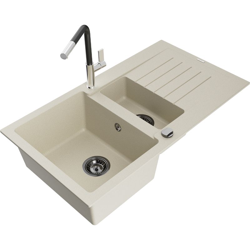 Zlewozmywak granitowy 1.5-komorowy Mexen Matias z ociekaczem i baterią kuchenną Flora beżowy 6502-69-670401-07-B