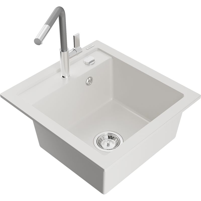 Zlewozmywak granitowy 1-komorowy Mexen Vito z baterią kuchenną Flora biały 6503-20-670401-06