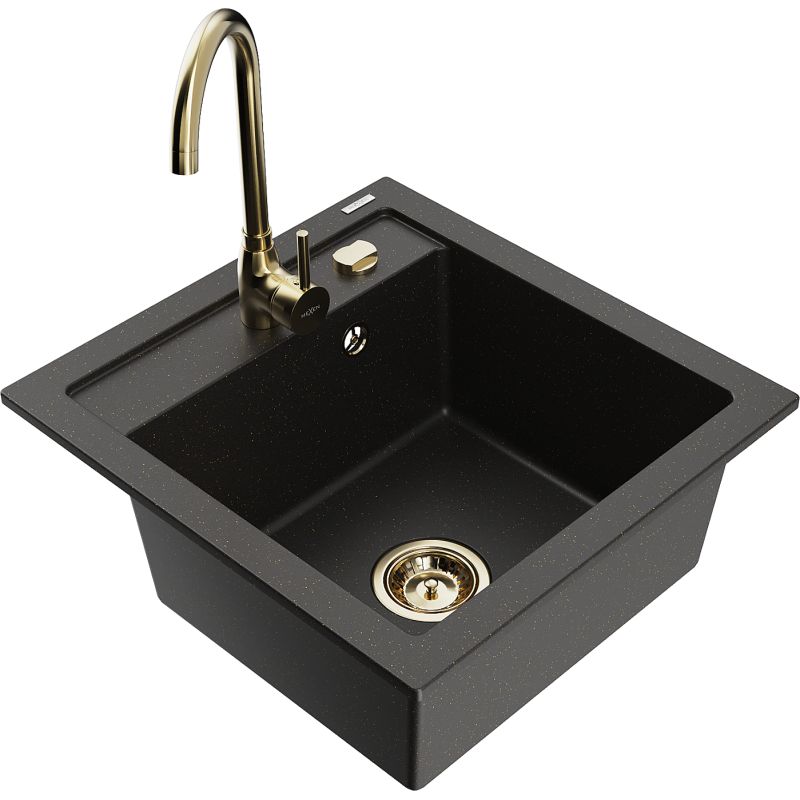 Zlewozmywak granitowy 1-komorowy Mexen Vito z baterią kuchenną Telma czarny/złoty metalik 6503-75-670200-50