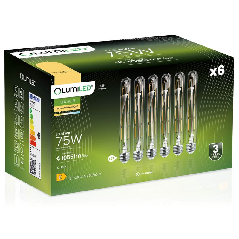 Żarówka LED LUMILED E27 T30 8W 1055lm 3000K 360st FILAMENT 6 szt.