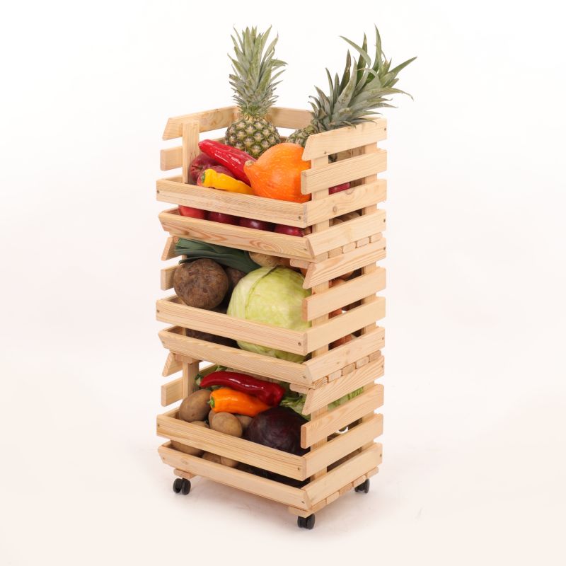 Regał na warzywa i owoce MODO24 na kółkach 81x37x30 cm 3 skrzynki drewno naturalne 1 szt