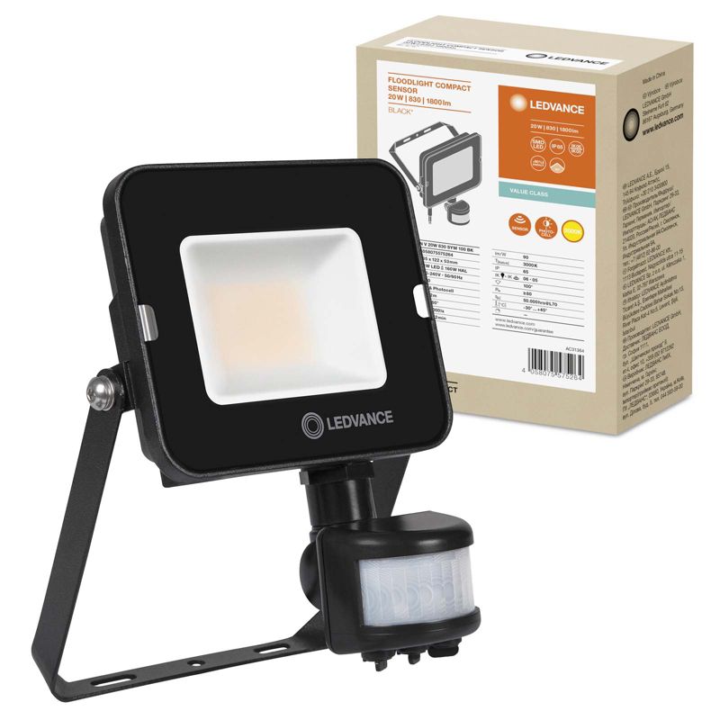 Naświetlacz LED Ledvance Reflektor Zewnętrzny Lampa 20W 1800lm 3000K IP65 Czarny z Czujnikiem Ruchu i Zmierzchu 1 szt.