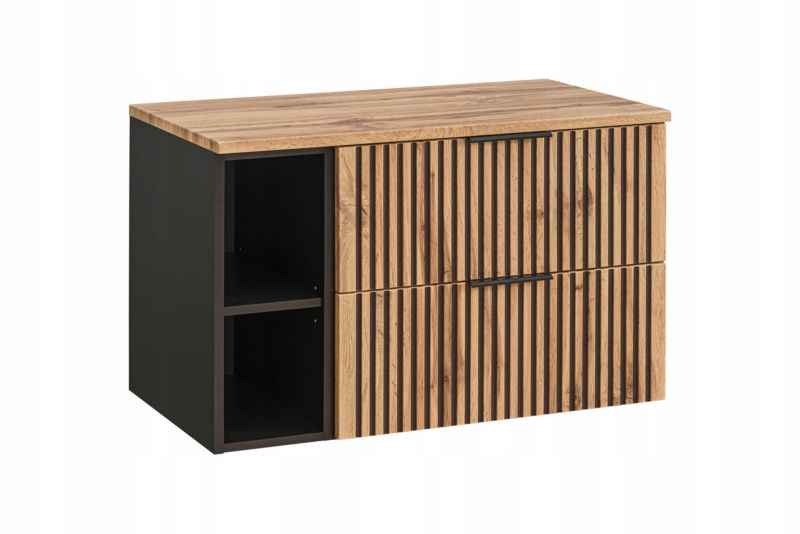 Szafka łazienkowa Furnidea 100 cm wisząca czarna dąb z regałem i blatem XILO 1 szt.