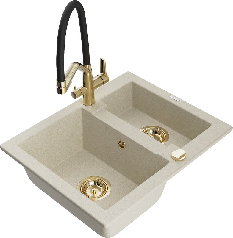Zlewozmywak granitowy Mexen Carlos 1,5-komorowy z baterią kuchenną Duo beżowy 6518-69-671701-57-G