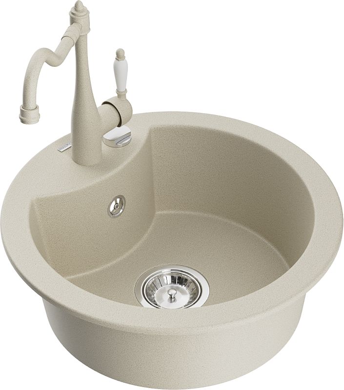 Zlewozmywak granitowy Mexen Diego 1-komorowy z baterią kuchenną Carla beżowy 6512-69-670700-69