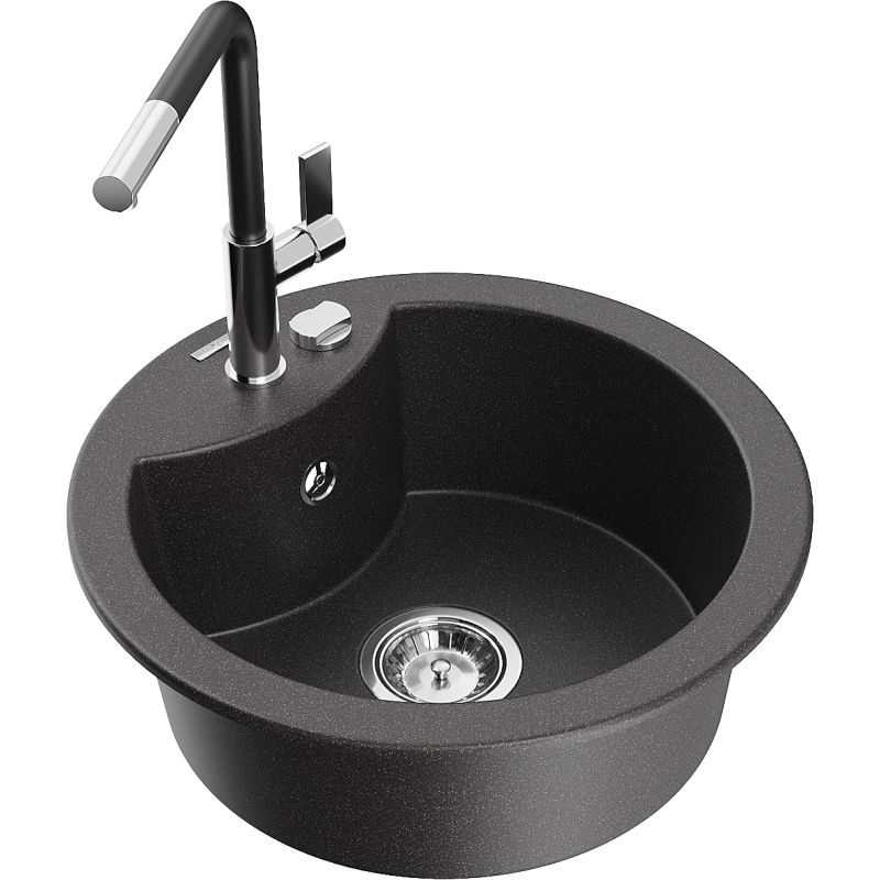 Zlewozmywak granitowy 1-komorowy Mexen Diego z baterią kuchenną Flora czarny nakrapiany - 6512-76-670401-75-B 1 szt.