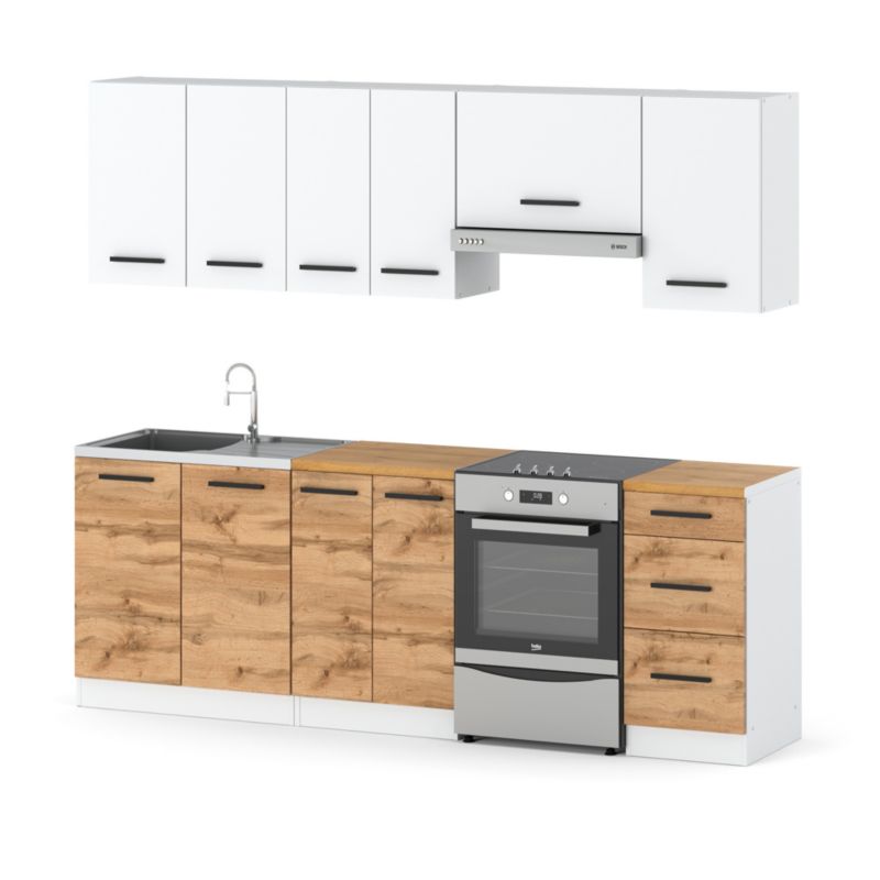 Zestaw Kuchenny Hurtownia-Mebli Z Blatem Kuchnia Mokka 240cm Biały Mat Biały Mat/Dąb Wotan 240x47x145 cm 1szt.