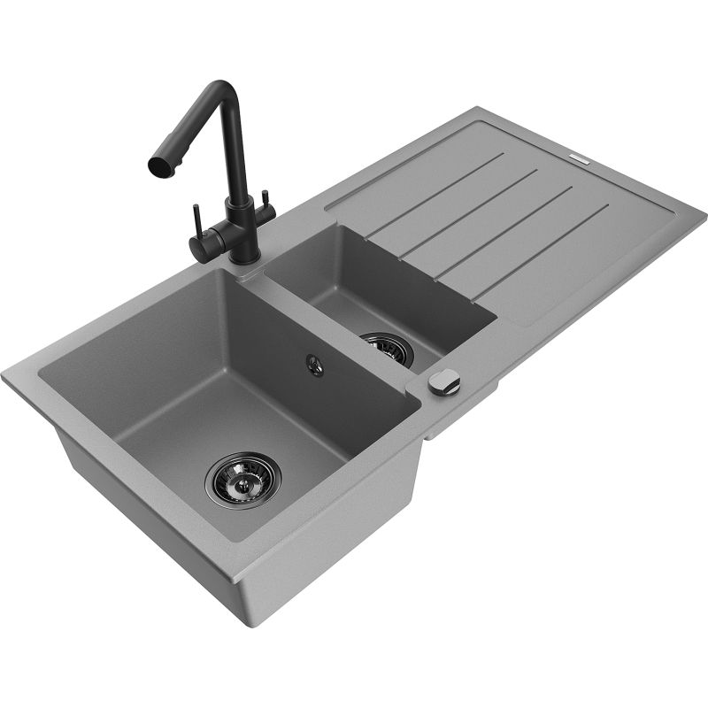 Zlewozmywak granitowy 1.5-komorowy Mexen Andres z ociekaczem i baterią kuchenną Duero szary 6515-71-671600-70-B