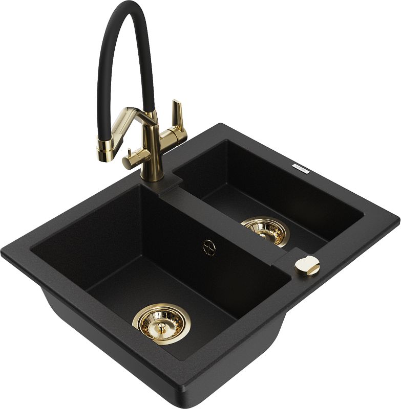 Zlewozmywak granitowy Mexen Carlos 1,5-komorowy z baterią kuchenną Duo czarny 6518-77-671701-57-G